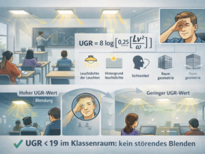 Illustration zur UGR-Bewertung von Bürobeleuchtung, die Blendung minimiert. Erläuterung von UGR-Wert, Leuchtdichte und Raumgeometrie für optimales Lichtdesign. UGR