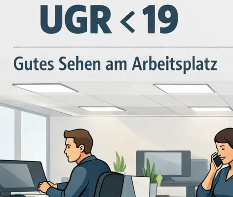 Illustration eines modernen Büros mit dem Hinweis UGR <19 für gutes Sehen am Arbeitsplatz. Ergonomische Beleuchtung für optimale Arbeitsbedingungen.