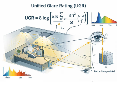 Illustration des Unified Glare Ratings (UGR) zur Bewertung von Blendung in Büroumgebungen, mit Formel, Lichtverteilung und visueller Darstellung des Betrachtungswinkels.