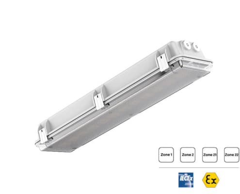 Ex-geschützte LED-Leuchte für industrielle Anwendungen in verschiedenen Zonen, robust und energieeffizient.