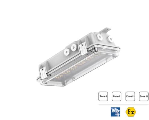 LED-Leuchte für explosionsgefährdete Bereiche, geeignet für Zone 1, 2, 21 und 22, hohe Lichtausbeute und Energieeffizienz.