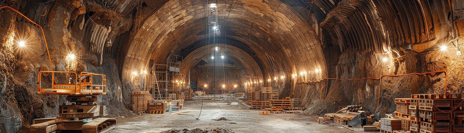 Blick auf einen Tunnel mit Zone 1 EX Leuchten, die eine sichere Beleuchtung für Bauarbeiten bieten.