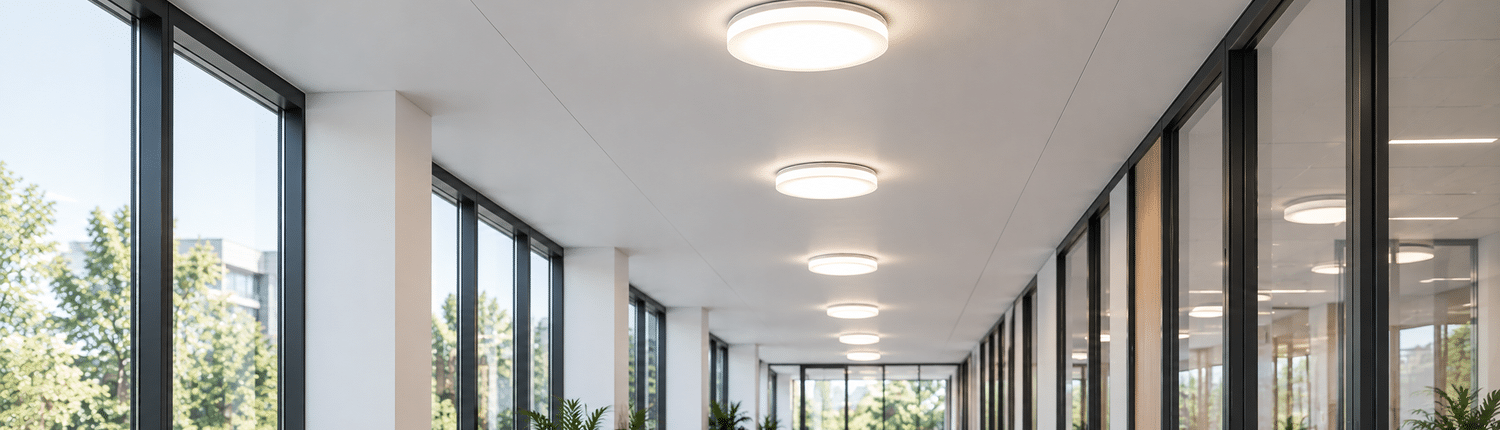 Moderne, runde LED-Deckenleuchten in einem hellen Büroflur mit großen Fensterfronten sorgen für eine gleichmäßige und angenehme Ausleuchtung.